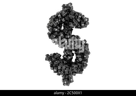 Dollar-Symbol aus schwarzen Ölfässern, 3D-Rendering isoliert auf weißem Hintergrund Stockfoto