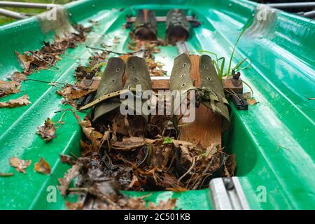 Altmodische Holz- rudern Fuß Bahre oder verstellbare Fußstützen in verlassenen racing Boot. Stockfoto