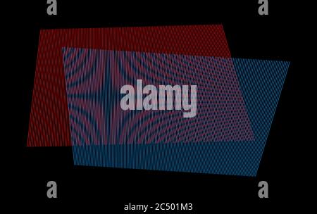 Moiré-Effekt durch zwei überlappende rote und blaue Linienmuster. Moiré oder Interferenzmuster auf weißem Hintergrund. Stockfoto