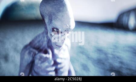 Alien auf dem Planeten, Mond. Erde auf dem Boden. UFO. 3d-Rendering. Stockfoto