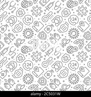 Coronavirus-bezogene nahtlose Muster mit Umrisssymbolen Stock Vektor