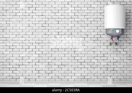 Moderner automatischer Warmwasserbereiter vor der Ziegelwand. 3d-Rendering. Stockfoto