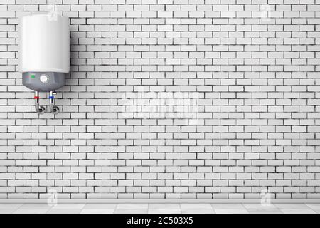 Moderner automatischer Warmwasserbereiter vor der Ziegelwand. 3d-Rendering. Stockfoto