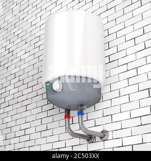 Moderner automatischer Warmwasserbereiter vor der Ziegelwand. 3d-Rendering. Stockfoto