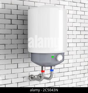 Moderner automatischer Warmwasserbereiter vor der Ziegelwand. 3d-Rendering. Stockfoto