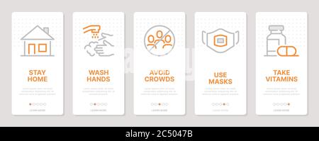 Coronavirus-bezogene vertikale Karten. Bildschirme für die Aufnahme von mobilen Apps. Vorlagen für eine Website. Symbole mit bearbeitbarer Kontur Stock Vektor