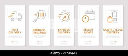 Lieferbezogene vertikale Karten. Bildschirme für die Aufnahme von mobilen Apps. Vorlagen für eine Website. Symbole mit bearbeitbarer Kontur Stock Vektor