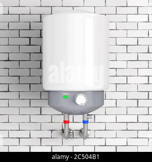 Moderner automatischer Warmwasserbereiter vor der Ziegelwand. 3d-Rendering. Stockfoto