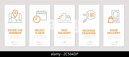 Lieferbezogene vertikale Karten. Bildschirme für die Aufnahme von mobilen Apps. Vorlagen für eine Website. Symbole mit bearbeitbarer Kontur Stock Vektor