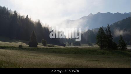 Panorama des nebligen Morgens in den Bergen - Wiese und Hütte am Gerolder See Stockfoto