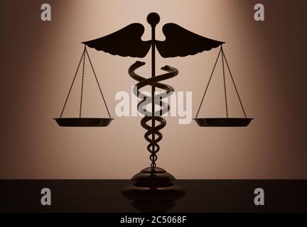 Medizinisches Caduceus Symbol als Waage mit Hintergrundbeleuchtung über der Wand im dunklen Raum. 3d-Rendering Stockfoto