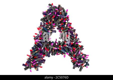 Buchstabe A aus farbigen Lippenstiften, 3D-Rendering isoliert auf weißem Hintergrund Stockfoto