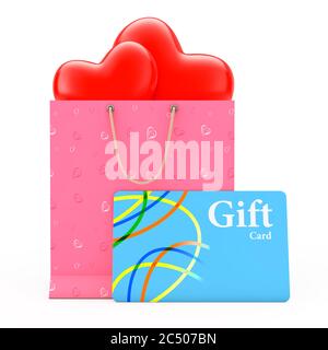Verziert mit Herzen Papier und Herzen im Einkaufstasche mit Geschenkkarte auf weißem Hintergrund. 3d-Rendering. Stockfoto