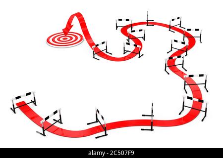 Hard Way to Target Konzept. Pfeil Weg zum Erfolg durch Leichtathletik Hürde auf weißem Hintergrund. 3d-Rendering. Stockfoto