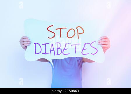 Wort schreiben Text Stop Diabetes. Business Foto präsentiert verhindern die Krankheit der erhöhten Glukosespiegel im Blut leere Blase Chat Sticker Notizen Stockfoto