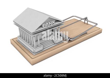 Kreditrisikokonzept. Bank Gebäude über hölzerne Mausefalle auf weißem Hintergrund. 3d-Rendering. Stockfoto