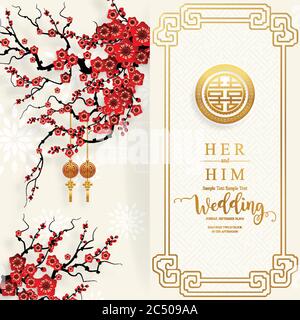 chinesische orientalische Hochzeit Einladungskarte Vorlagen mit schönen gemustert auf Papier Farbe Hintergrund. Stock Vektor