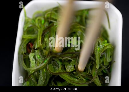 Wakame-Salat auf weißem Teller auf schwarzem Hintergrund mit Essstäbchen Stockfoto