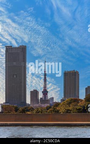 tokio, japan - april 04 2020: Tokyo Tower zwischen den Wolkenkratzern des Shiodome-Viertels mit den Ufern des Sumida-Flusses vor dem Hamarikyu-Garten Stockfoto