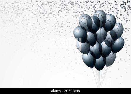 Schwarze Ballons Vektor-Vorlage mit Kopie Raum Bündel von dunklen Ballons und Konfetti auf weißem Hintergrund Stockfoto