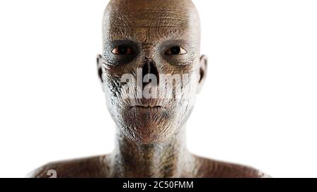 Zombie-Gesicht. Nahaufnahme. 3d-Rendering. Auf Weiß isolieren. Stockfoto