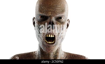 Zombie schreiend. Nahaufnahme. Auf Weiß isolieren. 3d-Rendering. Stockfoto