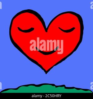 Rotes Herz lächelt. Gesicht mit Lächeln Emoji-Symbol. Skizze wurde mit Pinsel und Tinte gezeichnet. Aufrechenbare Form vom Hintergrund isoliert. Vektor Stock Vektor
