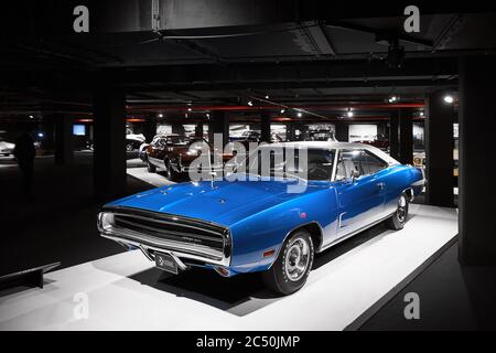 Dodge Charger 1970. Muscle Car von ca. Amerikanische Oldtimer. Ausstellung für Oldtimer - Heydar Aliyev Centre, Baku, Aserbaidschan - 26,04,2017 Stockfoto