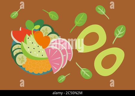 Illustration von Obst und Gemüse - gesunde und biologische Lebensmittel - Vegetarismus und Veganismus Stockfoto