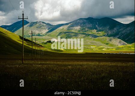 Der Beginn der Blüte im Piano Grande bei Castelluccio di Norcia (Juni 2020): Felder in üppiger Farbe, mit der kleinen Stadt auf dem Hügel. Stockfoto