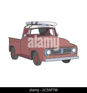 Surfboard Classic Beach Red Car Vector Clip Art Illustration. Stock Vektor