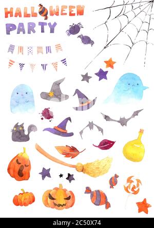 Aquarell Halloween Illustration Set. Lustige nette Cartoon Baby Charakter, Geist Geist, Spinne, Spinnennetz, Zauberhut, Süßigkeiten, Sterne, Kürbis, Flagge, Fledermaus, Stockfoto