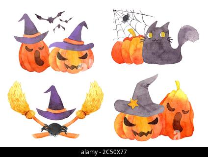 Aquarell Halloween Illustration Set. Lustige nette Cartoon-Charakter. Design mit Spinne, Spinnennetz, Zauberhut, Kürbis, Fledermaus, Katze, Besen. Gut für den Urlaub Stockfoto