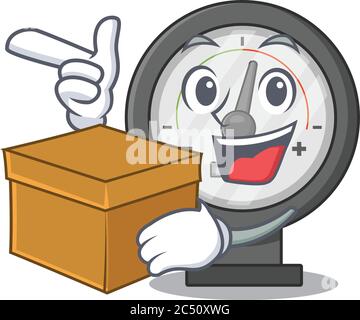 Ein lächelndes Manometer Cartoon Maskottchen Stil mit einer Box Stock Vektor