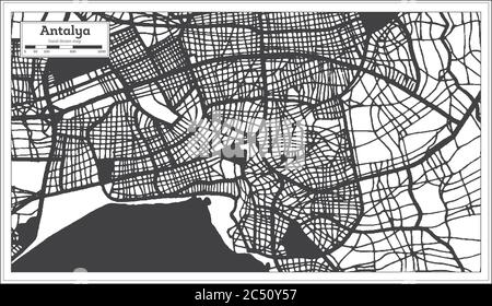 Antalya Türkei Stadtplan in Schwarz-Weiß-Farbe im Retro-Stil. Übersichtskarte. Vektorgrafik. Stock Vektor