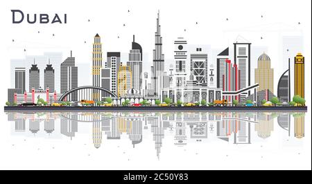 Dubai UAE City Skyline mit farbigen Gebäuden isoliert auf weißem Hintergrund. Vektorgrafik. Stock Vektor