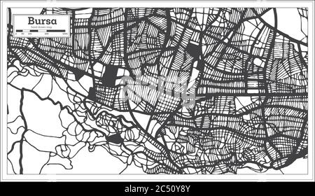 Bursa Türkei Stadtplan in Schwarz und Weiß Farbe im Retro-Stil. Übersichtskarte. Vektorgrafik. Stock Vektor