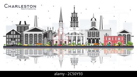 Charleston South Carolina City Skyline mit farbigen Gebäuden isoliert auf Weiß. Vektorgrafik. Stock Vektor