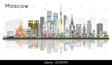 Moskau Russland City Skyline mit farbigen Gebäuden isoliert auf Weiß. Vektorgrafik. Business Travel und Tourismus Konzept mit moderner Architektur. Stock Vektor