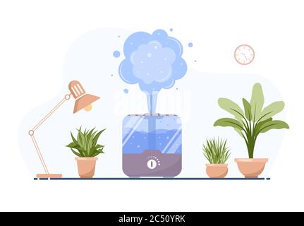 Luftbefeuchter mit Haustpflanzen. Geräte für zu Hause oder im Büro. Ultraschall-Luftreiniger im Innenraum. Reinigungs- und Befeuchtungsgerät. Moderner Vektor Stock Vektor