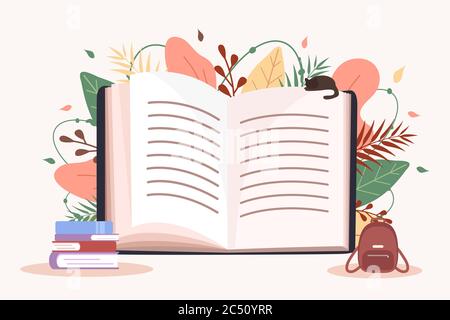 Öffnen Sie das Buch. Bildung und Lesekonzept. Buchfestival. Zurück zur Schule. Moderne Vektorgrafik in flacher Ausführung. Stock Vektor