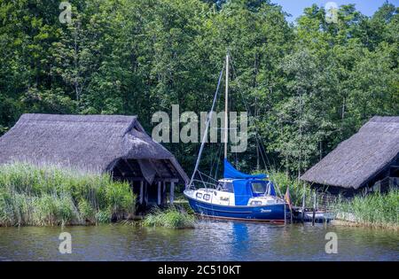 Prerow, Deutschland. Juni 2020. Ein Segelboot legt vor den verbleibenden überdachten Bootshäusern am Prerow-Bach an. Die Hotels, Pensionen und Campingplätze in den Tourismusregionen Mecklenburg-Vorpommerns sind derzeit sehr gut ausgelastet. Quelle: Jens Büttner/dpa-Zentralbild/ZB/dpa/Alamy Live News Stockfoto