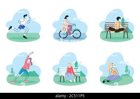 Menschen in medizinischen Schutzmasken, Menschen verbringen Zeit in Park Vektor Illustration Design Stock Vektor