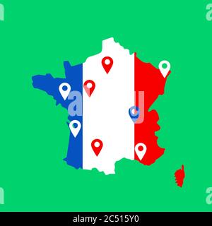 Farbkarte von frankreich mit Stecknadeln auf den wichtigsten Städten Stock Vektor