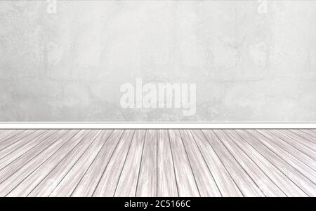 Leerer Raum mit grauer Wand und Holzboden - 3D-Illustration Stockfoto