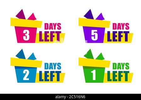 Legen Sie Farbe Geschenkbox mit Text Tage links. Modernes Web-Banner-Element. Farbe rot, grün, blau. Vector Banner in modernem Flachstil auf Weiß. Stock Vektor