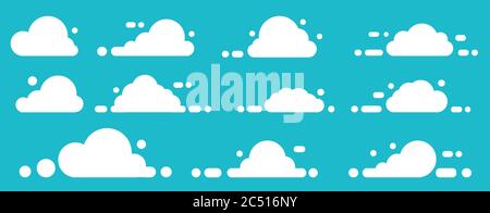 Blauer Himmel und weiße Wolken. Vektorelemente Wolken im flachen Stil festlegen. Sammlung von verschiedenen Formen von Wolken. Designelemente für Wetter oder Stock Vektor
