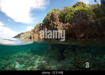 Insel mit Korallen unter Wasser, Potato Point Tauchplatz, Fiabacet Insel, Raja Ampat, West Papua, Indonesien Stockfoto