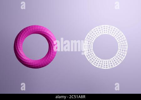 3d-Darstellung eines rosa Reifens, bestehend aus einer großen Anzahl von Polygonen und neben einer transparenten Form von weißen Linien. Futuristisches Origami, abstrakt m. Stockfoto
