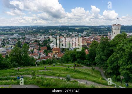 Ravensburg, BW - 21. Juni 2020: Blick auf die historische Stadt Ravensburg mit ihren vielen Türmen in Süddeutschland Stockfoto